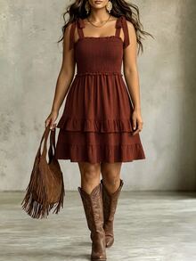 LanaWest CURVE Women's Western Country Solid Color Ruffle Hem Smocked Waist A-Line Tie Shoulder Strap Dress Fall Brunch Vacation Brown Goth Layered Ruffle Hem Brown - Coffee Brown - View 4