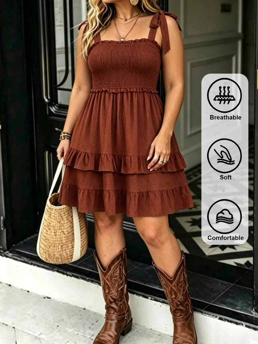 LanaWest CURVE Women's Western Country Solid Color Ruffle Hem Smocked Waist A-Line Tie Shoulder Strap Dress Fall Brunch Vacation Brown Goth Layered Ruffle Hem Brown - Coffee Brown - View 1
