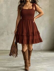 LanaWest CURVE Women's Western Country Solid Color Ruffle Hem Smocked Waist A-Line Tie Shoulder Strap Dress Fall Brunch Vacation Brown Goth Layered Ruffle Hem Brown - Coffee Brown - View 5