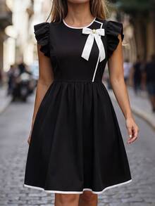 GlowEve CURVE Plus Size Women Spring/Autumn Solid Color Black & White Contrast, Detachable Bow Decor Round Neck Short Flutter Sleeve, Thin, Zipper - Black - View 4