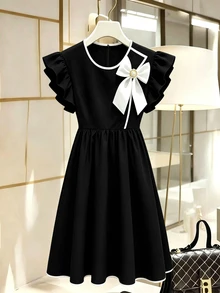 GlowEve CURVE Plus Size Women Spring/Autumn Solid Color Black & White Contrast, Detachable Bow Decor Round Neck Short Flutter Sleeve, Thin, Zipper - Black - View 3