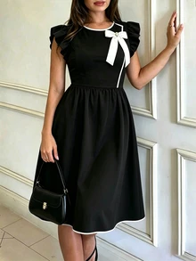GlowEve CURVE Plus Size Women Spring/Autumn Solid Color Black & White Contrast, Detachable Bow Decor Round Neck Short Flutter Sleeve, Thin, Zipper - Black - View 8