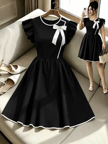 GlowEve CURVE Plus Size Women Spring/Autumn Solid Color Black & White Contrast, Detachable Bow Decor Round Neck Short Flutter Sleeve, Thin, Zipper - Black - View 1