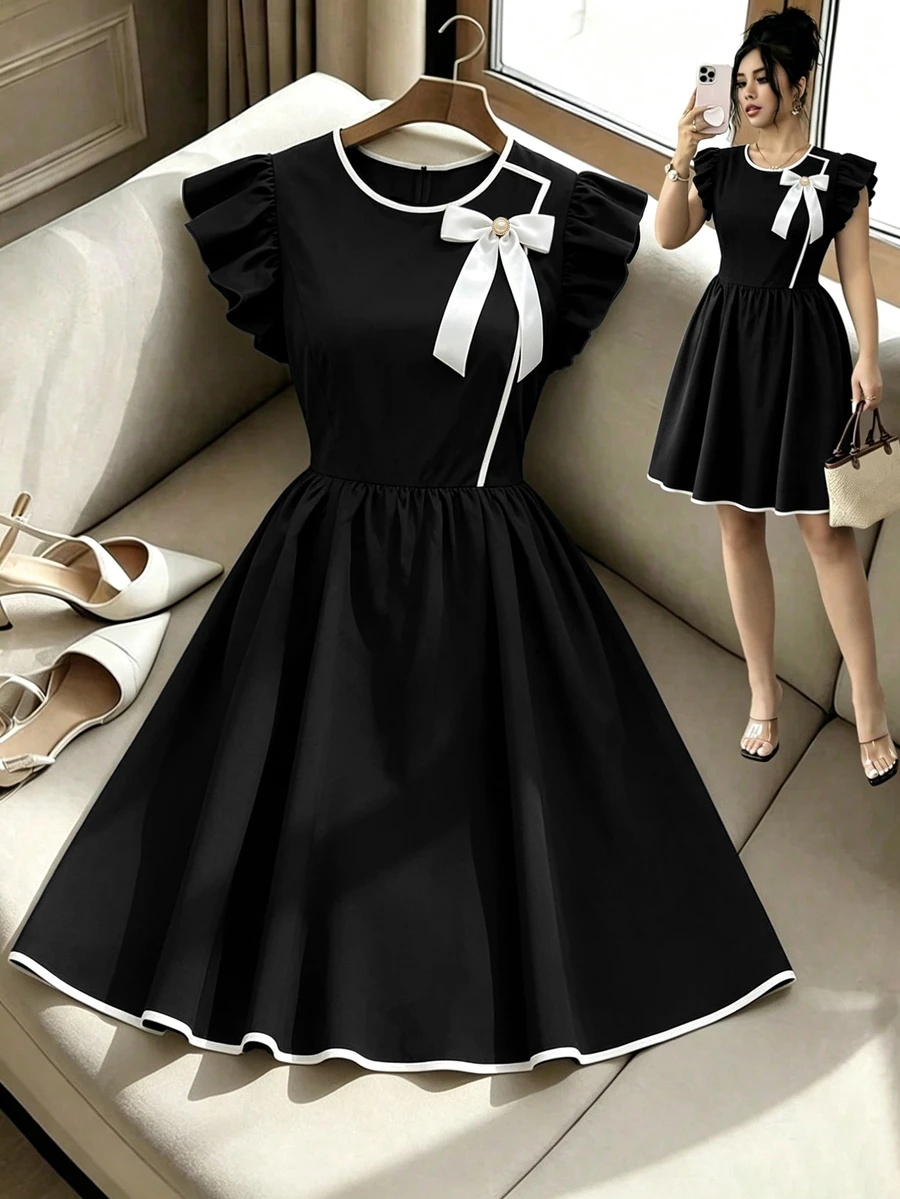 GlowEve CURVE Plus Size Women Spring/Autumn Solid Color Black & White Contrast, Detachable Bow Decor Round Neck Short Flutter Sleeve, Thin, Zipper - Black - View 1