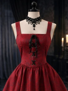 DreamSkyne Plus Size Women's Lace-Up Design Pleated Elegant Gothic Waist-Cinching Party Night Dress Halloween Burgundy Summer - Burgundy - View 3