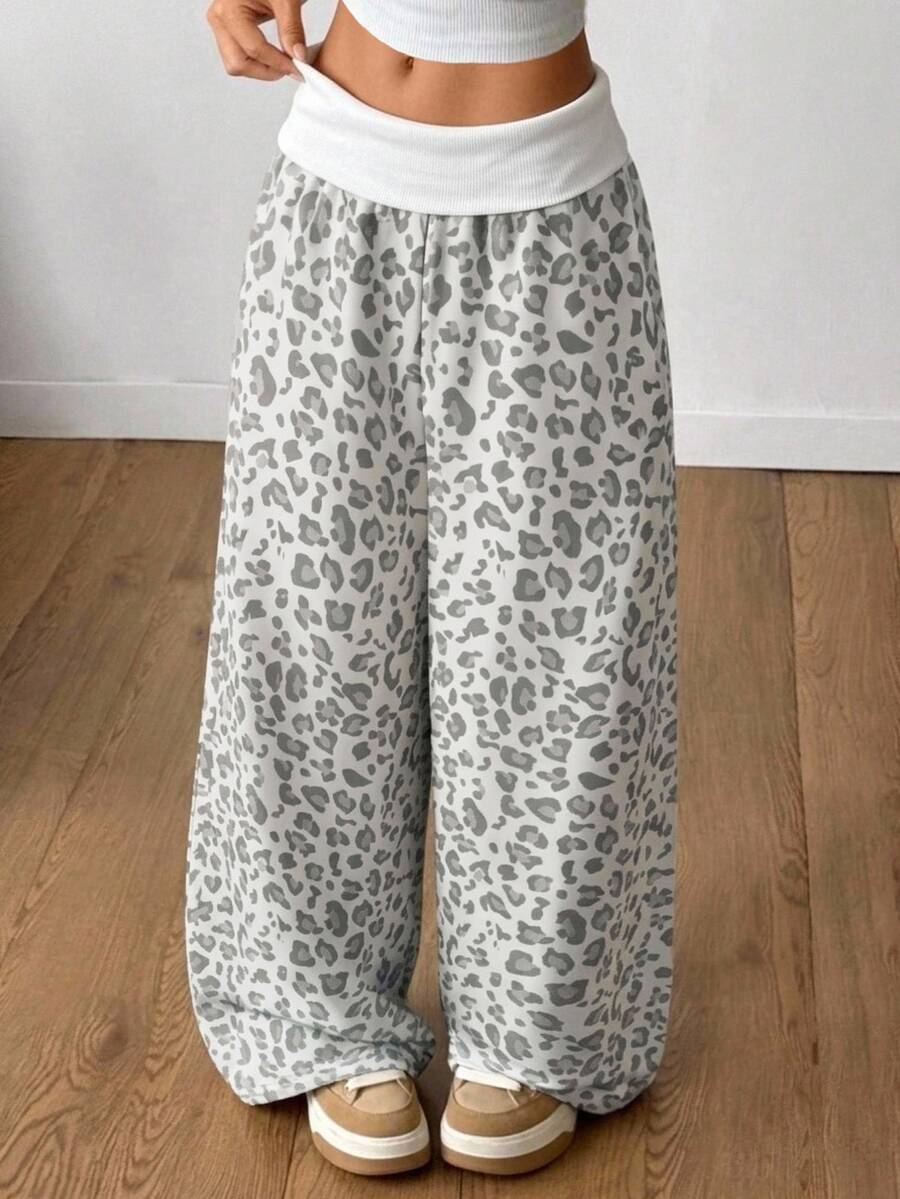 SHEIN Teen Girl Leopard Print Folded Waist Wide Leg Loose Casual Sweatpants White Summer - Grey - View 1
