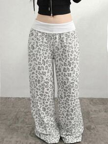SHEIN Teen Girl Leopard Print Folded Waist Wide Leg Loose Casual Sweatpants White Summer - Grey - View 3