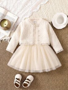 Baby Girl Autumn/Winter Casual Mesh Patchwork Jacket - Beige - View 8