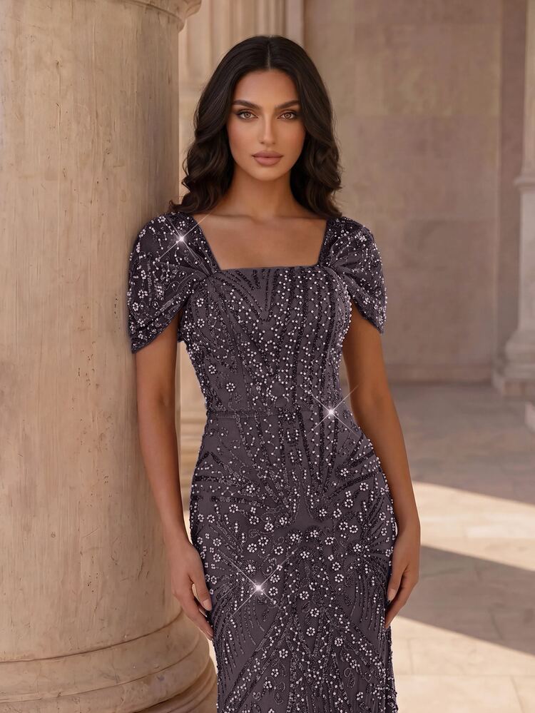 Coutiva Elegant Luxury Beaded Rhinestone Mermaid Dress,Women's Sequin Evening Gown For Cocktail Party,Wedding Guest,Graduation,Dinner,Cruise Midi Dresses - Mauve Purple - View 4