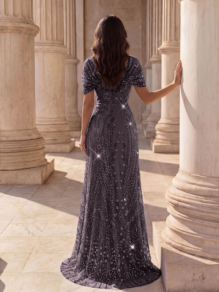 Coutiva Elegant Luxury Beaded Rhinestone Mermaid Dress,Women's Sequin Evening Gown For Cocktail Party,Wedding Guest,Graduation,Dinner,Cruise Midi Dresses - Mauve Purple - View 2