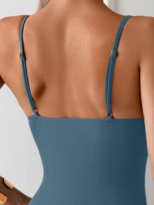 Swim Basics 女士纯色连体泳衣，适合度假和海滩穿着 - 霧霾藍 - 查看 5
