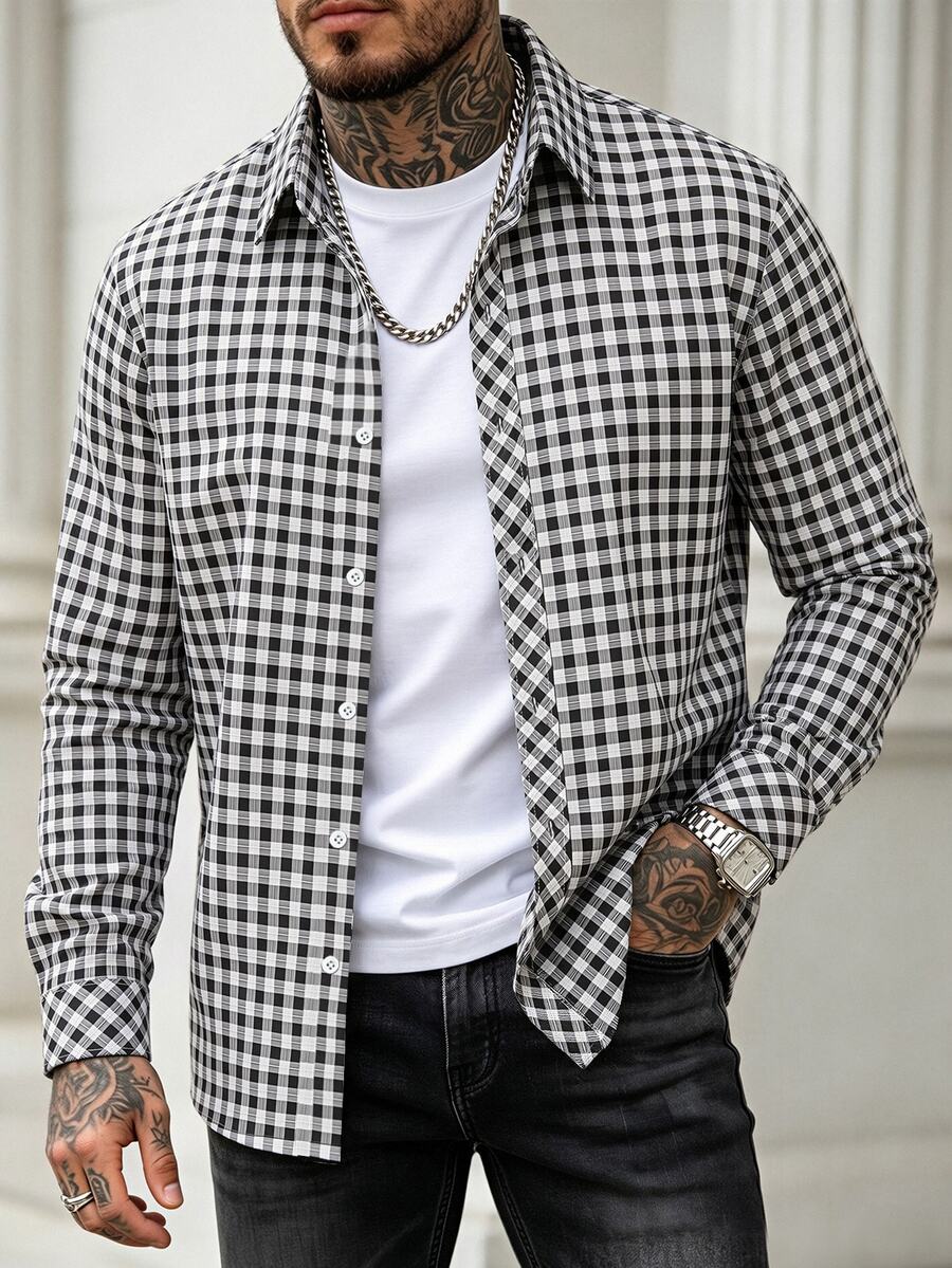 Manfinity Homme Manfinity 春秋新款修身黑白格紋高品質長袖男士正裝襯衫，正式老錢風 - 黑與白 - 查看 1
