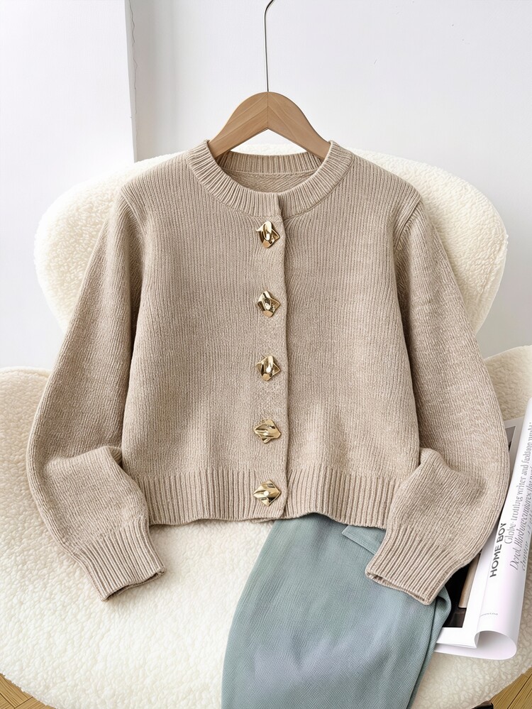 SHEIN Tween Girls Loose Casual Metal Button Round Neck Open Front Solid Beige Elegant Sweater - Apricot - View 1