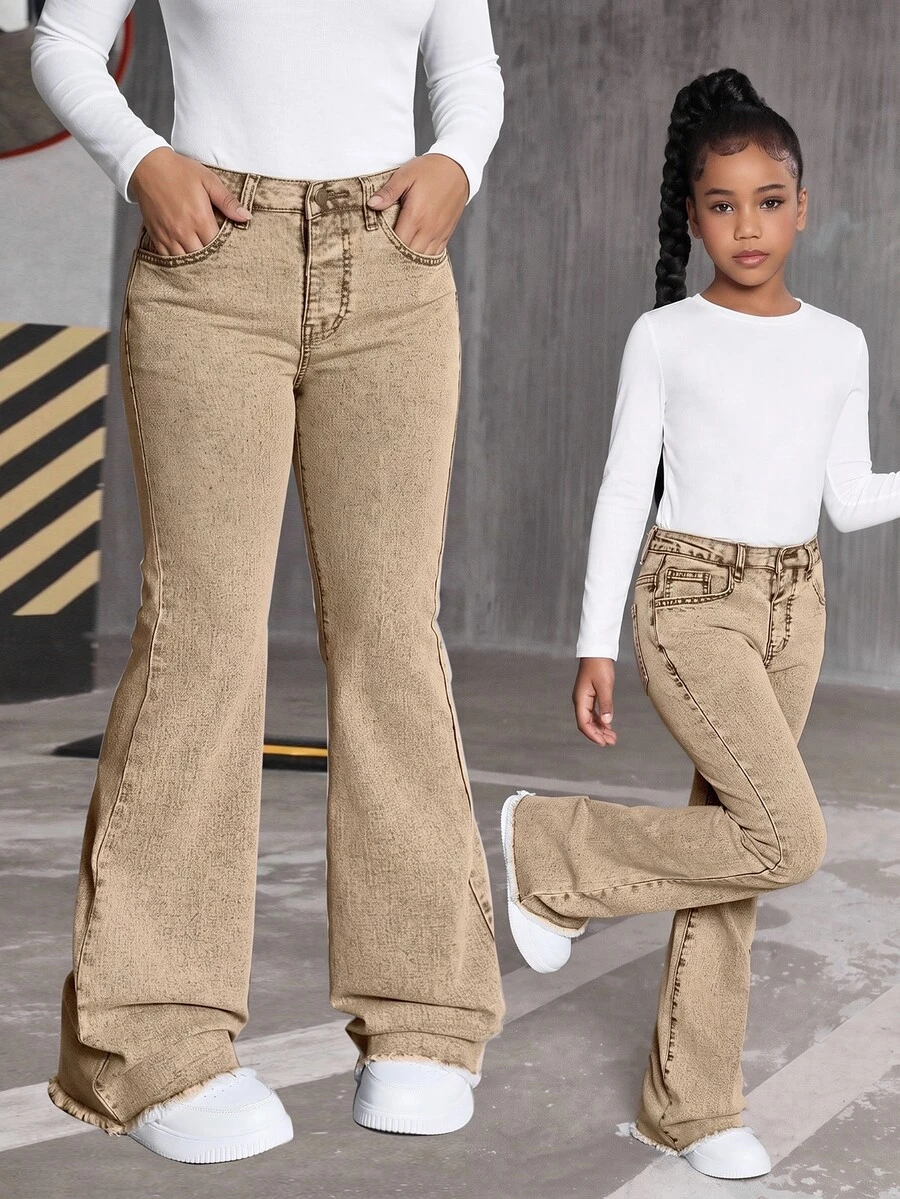 SHEIN Streecool Kids 女童Y2K高腰水洗卡其色喇叭牛仔裤,弹力修身毛边裤脚,适合度假、休闲外出和户外穿着 - 卡其色 - 查看 1