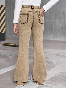 SHEIN Streecool Kids 女童Y2K高腰水洗卡其色喇叭牛仔裤，弹力修身毛边裤脚，适合度假、休闲外出和户外穿着 - 卡其色 - 查看 2