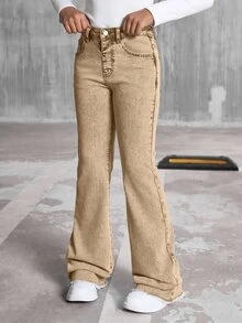 SHEIN Streecool Kids 女童Y2K高腰水洗卡其色喇叭牛仔裤，弹力修身毛边裤脚，适合度假、休闲外出和户外穿着 - 卡其色 - 查看 3
