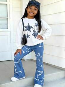 SHEIN Explorewe Young Girl' Heart Print Crew Neck Long Sleeve Sweatshirt And Flare Pants Set Autumn School - Multicolor - View 7