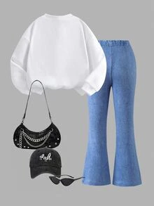 SHEIN Explorewe Young Girl' Heart Print Crew Neck Long Sleeve Sweatshirt And Flare Pants Set Autumn School - Multicolor - View 2