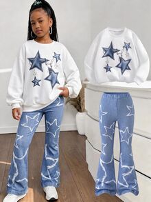 SHEIN Explorewe Young Girl' Heart Print Crew Neck Long Sleeve Sweatshirt And Flare Pants Set Autumn School - Multicolor - View 1