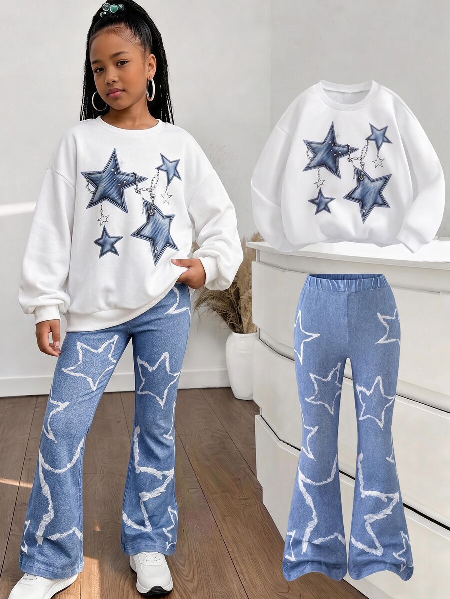 SHEIN Explorewe Young Girl' Heart Print Crew Neck Long Sleeve Sweatshirt And Flare Pants Set Autumn School - Multicolor - View 1