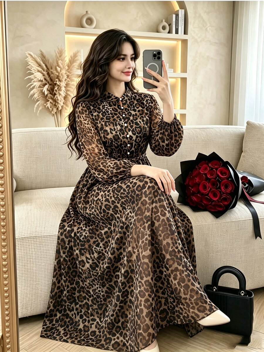 Modelyn Gaun Ukuran Plus Elegan Modis untuk Komuter dengan Motif Bunga Acak Leopard dan Sabuk Pinggang Longgar - MultiWarna - View 1