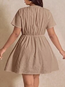 Elaquor Plus Size Women's Deep V-Neck Pleated Starfish Trim Fashion Dress - Apricot - View 7