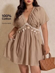 Elaquor Plus Size Women's Deep V-Neck Pleated Starfish Trim Fashion Dress - Apricot - View 8