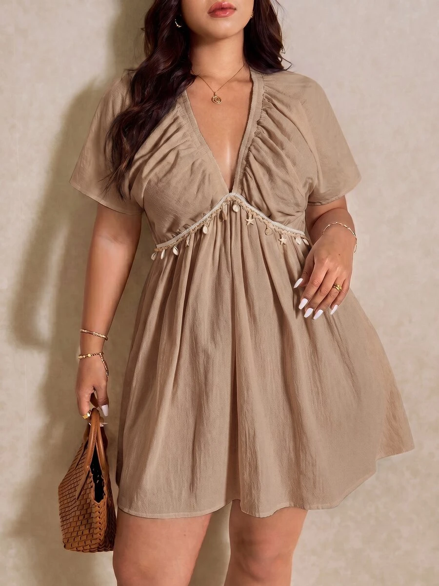Elaquor Plus Size Women's Deep V-Neck Pleated Starfish Trim Fashion Dress