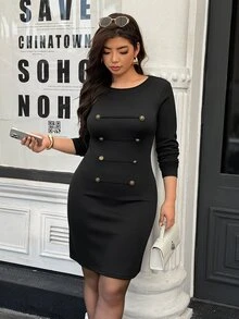 Easura Gaun Bodycon Lengan Panjang Kancing Depan Berwarna Hitam Ukuran Plus dengan Bahan Terstruktur, Cocok untuk Perjalanan dan Kencan di Musim Gugur - Hitam - View 1