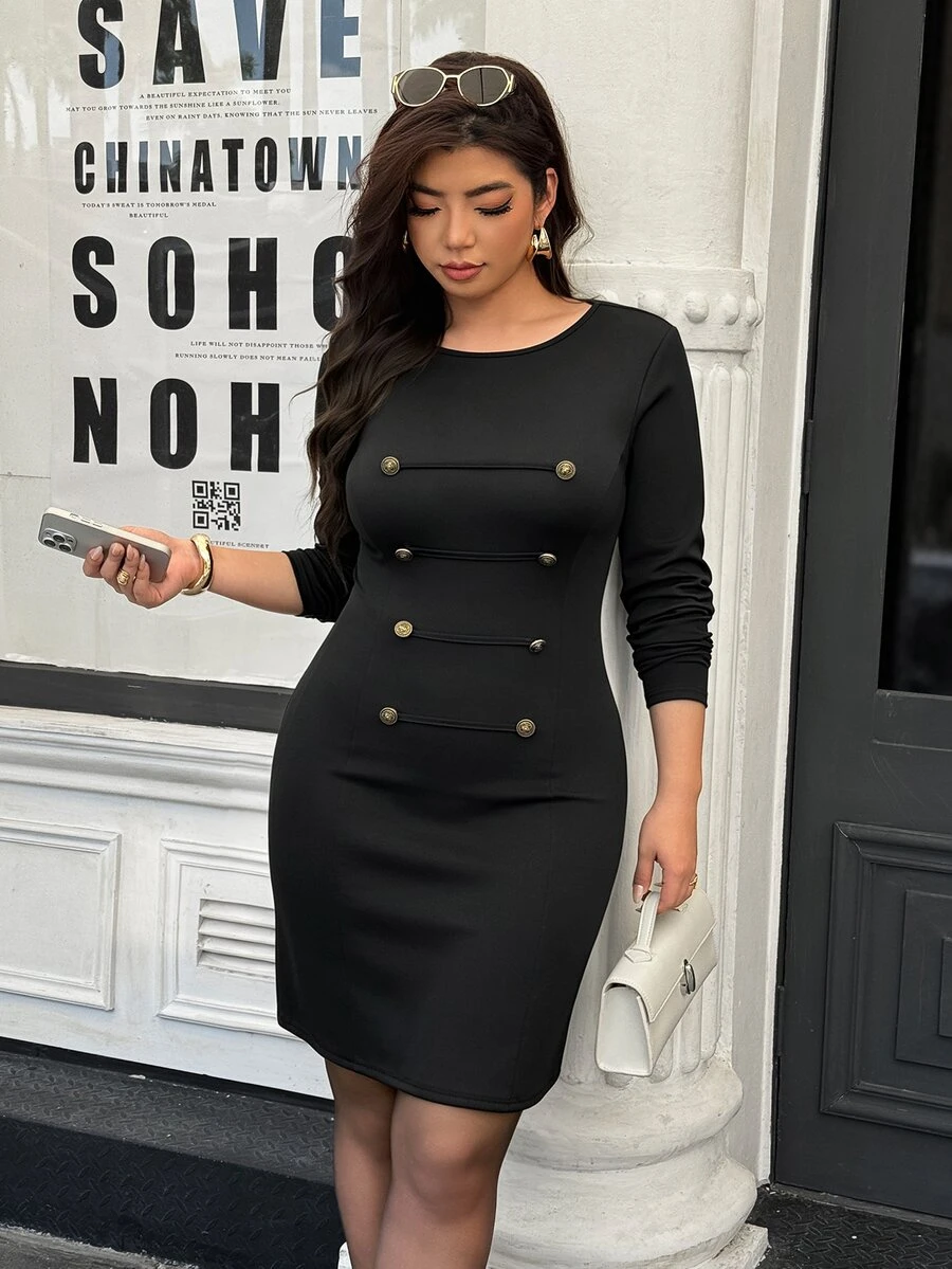 Easura Gaun Bodycon Lengan Panjang Kancing Depan Berwarna Hitam Ukuran Plus dengan Bahan Terstruktur, Cocok untuk Perjalanan dan Kencan di Musim Gugur - Hitam - View 1