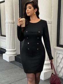 Easura Gaun Bodycon Lengan Panjang Kancing Depan Berwarna Hitam Ukuran Plus dengan Bahan Terstruktur, Cocok untuk Perjalanan dan Kencan di Musim Gugur - Hitam - View 3