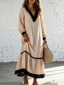 Linhara CURVE Plus Size Women's Vacation Colorblock Patchwork Ruffle Hem Long Sleeve Dress Fall - Multicolor - View 6