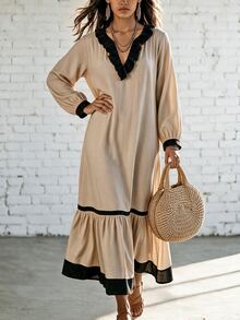 Linhara CURVE Plus Size Women's Vacation Colorblock Patchwork Ruffle Hem Long Sleeve Dress Fall - Multicolor - View 9