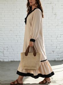 Linhara CURVE Plus Size Women's Vacation Colorblock Patchwork Ruffle Hem Long Sleeve Dress Fall - Multicolor - View 7