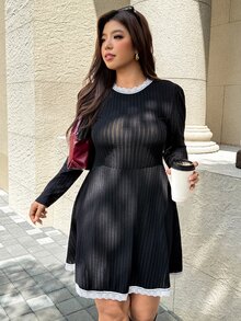 Easura Gaun Wanita Ukuran Besar Lengan Panjang Bertekstur Halus dengan Renda Kontras, Musim Gugur/Musim Dingin - Hitam - View 3