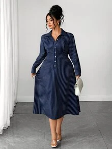 Elenzga Gaun Wanita Lengan Panjang Bergaris dengan Kancing dan Kerah, Musim Semi/Gugur - Blue and White - View 7