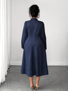 Elenzga Gaun Wanita Lengan Panjang Bergaris dengan Kancing dan Kerah, Musim Semi/Gugur - Blue and White - View 2