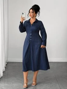 Elenzga Gaun Wanita Lengan Panjang Bergaris dengan Kancing dan Kerah, Musim Semi/Gugur - Blue and White - View 3