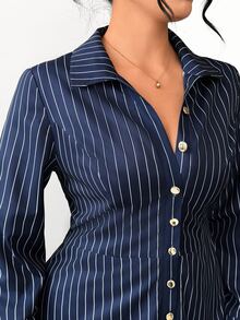Elenzga Gaun Wanita Lengan Panjang Bergaris dengan Kancing dan Kerah, Musim Semi/Gugur - Blue and White - View 6