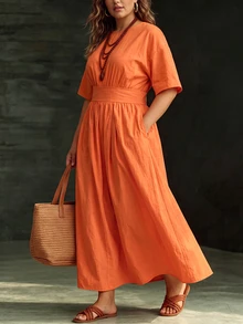 Linhara CURVE Women Plus Size Solid Orange Red Round Neck High Waist Belt Pocket Flare Dress Loose Cold Shoulder Vacation Daily Outing Spring Autumn New - Orange - View 8