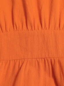 Linhara CURVE Women Plus Size Solid Orange Red Round Neck High Waist Belt Pocket Flare Dress Loose Cold Shoulder Vacation Daily Outing Spring Autumn New - Orange - View 7