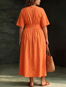 Linhara CURVE Women Plus Size Solid Orange Red Round Neck High Waist Belt Pocket Flare Dress Loose Cold Shoulder Vacation Daily Outing Spring Autumn New - Orange - View 2