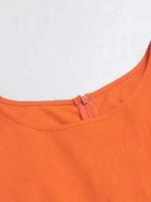Linhara CURVE Women Plus Size Solid Orange Red Round Neck High Waist Belt Pocket Flare Dress Loose Cold Shoulder Vacation Daily Outing Spring Autumn New - Orange - View 4