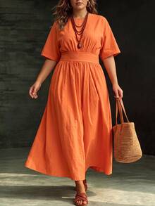 Linhara CURVE Women Plus Size Solid Orange Red Round Neck High Waist Belt Pocket Flare Dress Loose Cold Shoulder Vacation Daily Outing Spring Autumn New - Orange - View 3