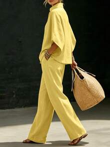 Linhara CURVE Plus Size Women's Yellow 2 Pieces Set, Cropped Top With Wide Leg Pants, Elegant Pastoral Style Summer, Suitable For Vacation Beach - Multicolor - View 4
