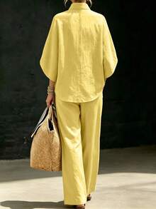 Linhara CURVE Plus Size Women's Yellow 2 Pieces Set, Cropped Top With Wide Leg Pants, Elegant Pastoral Style Summer, Suitable For Vacation Beach - Multicolor - View 2