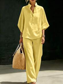 Linhara CURVE Plus Size Women's Yellow 2 Pieces Set, Cropped Top With Wide Leg Pants, Elegant Pastoral Style Summer, Suitable For Vacation Beach - Multicolor - View 3