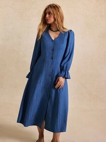 Écloséra Curve Plus Size Women's French Elegant Minimalist Jacquard Striped Cuff Ruffle Single-Breasted A-Line Dress Casual Brunch Party Light Blue Fall - Blue - View 6