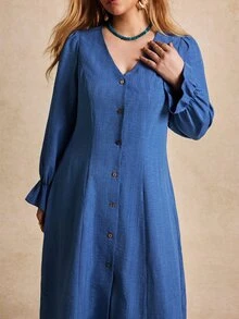 Écloséra Curve Plus Size Women's French Elegant Minimalist Jacquard Striped Cuff Ruffle Single-Breasted A-Line Dress Casual Brunch Party Light Blue Fall - Blue - View 1