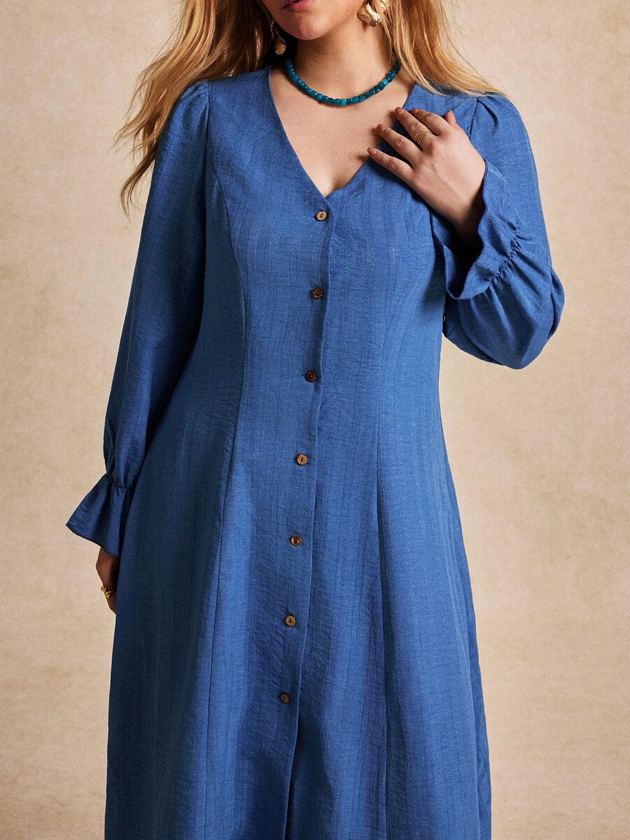 Écloséra Curve Plus Size Women's French Elegant Minimalist Jacquard Striped Cuff Ruffle Single-Breasted A-Line Dress Casual Brunch Party Light Blue Fall - Blue - View 1